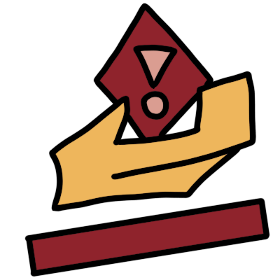 a stylised yellow hand held out with a red diamond above it. the diamond has a pale pink exclamation mark in it. below the diamond and hand is a slanted red minus sign.